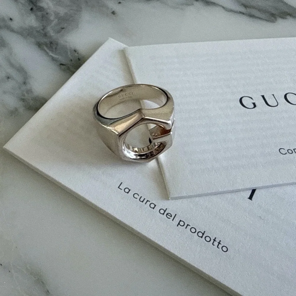 Gucci Sterling Silver Hexagon G Logo Ring Made in Italy Statement Band size 15